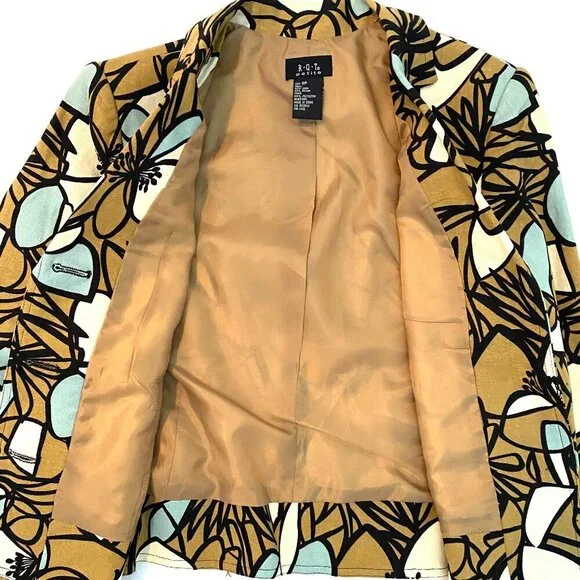 R.Q.T. OASIS Women's 8 Petite linen blend blazer blue black tan wearable art - Picture 8 of 10